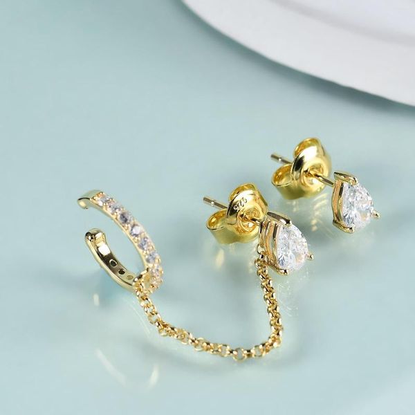 Brincos GEM'S BEAUTY Ouro 14K Cheio de Ouro Prata Esterlina Corrente Longa Simulante Diamante Ear Cuff Minimalista