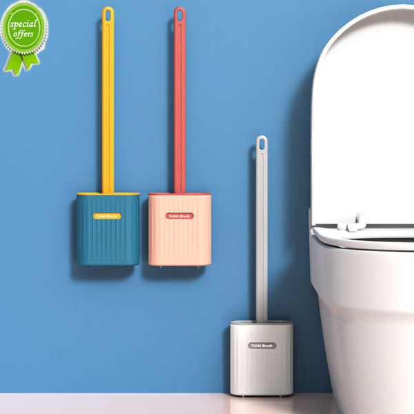Neue TPR-Silikon-Toilettenbürste mit Halter, flacher Kopf, flexible Wandmontage, WC-Reiniger, Bürstenhalter-Set für WC, Badezimmer