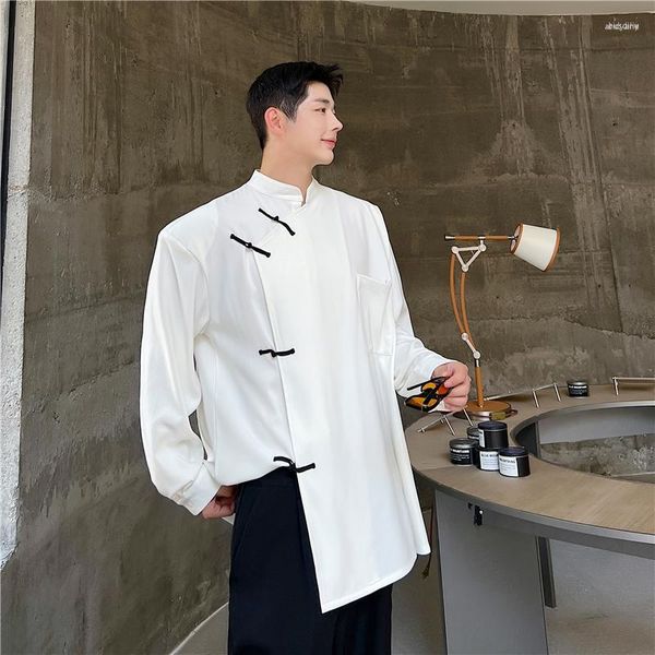Camisas casuais masculinas primavera 2023 estilo coreano exclusivo design de fivela masculino solto cor sólida colarinho M-XL