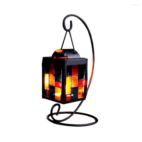Castiçais Tealight Lâmpada de mesa Lanterna decorativa Vidro colorido Castiçal de ferro Sala de estar Mesa de mesa para casa