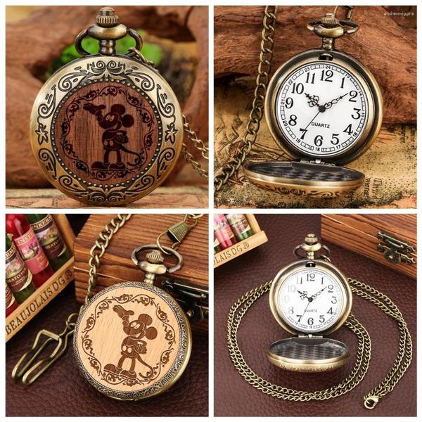 Orologi da taschino da donna carino topolino orologio in legno ciondolo collana quarzo quadrante in numeri arabi orologio in lega per fidanzata Montre De Poche