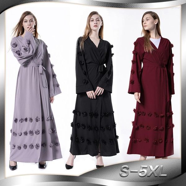 Ethnische Kleidung Ganzkörperansicht Lässige Applikationen Abaya Muslimische Frauen Langarmgürtel Traditionelle Strickjacke Blumen Abendkleid Islamisch 1623