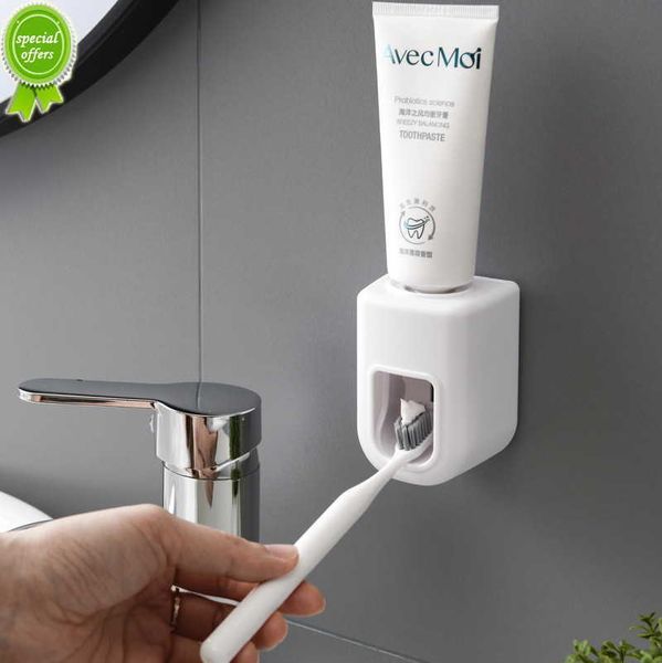 Nuovo distributore automatico di dentifricio bagno autoadesivo antipolvere portaspazzolino cremagliera dentifricio a parete spremiagrumi per la casa