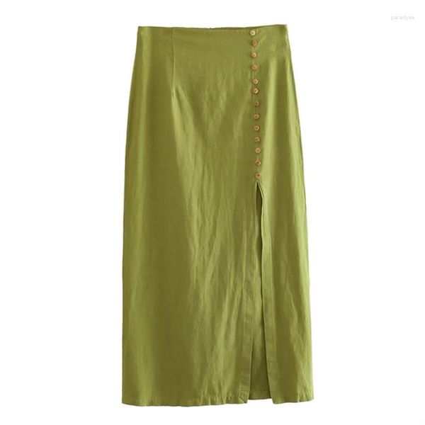 Saias Femininas Verão Verde Frente Aberta Saia Midi Cintura Alta Botão Decorativo Zíper Meio Vintage Elegante Design 2023