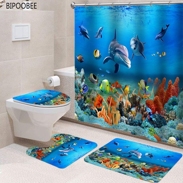 Cortinas de chuveiro 3D oceano fundo do mar animais capa de toalete conjunto de tapete de banho peixe estampa de golfinho conjunto de cortina de banheiro tecido impermeável 230625