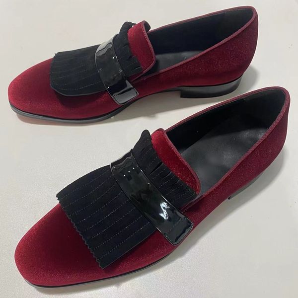 Weinrote Samt-Loafer für Herren, Quasten-Schuhe, Luxus-Designer-Freizeitschuhe, Mokassins, Herren-Wohnungen, Raucher-Hausschuhe