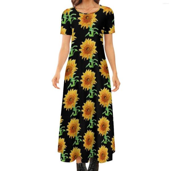 Casual Kleider Aquarell Sonnenblumen Kleid Sonnenblumen Kunst Elegante Maxi Ästhetische Böhmen Lange Kurzarm Oversize Vestidos