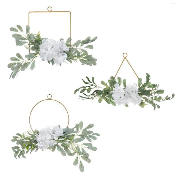 Flores decorativas Folhas verdes Coroas de argola florais brancas Anel de metal Guirlanda Casamento Flor artificial Decoração de casa lindo para pendurar na parede