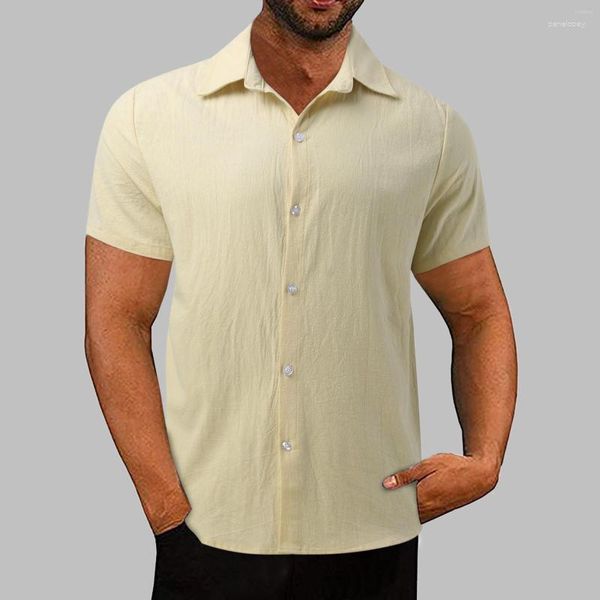 Camisetas Masculinas Blusa Masculina Masculina Cor Sólida de Algodão Botão para Baixo Férias Festa na Praia Estilo Europeu Americano Geométrico Respirável