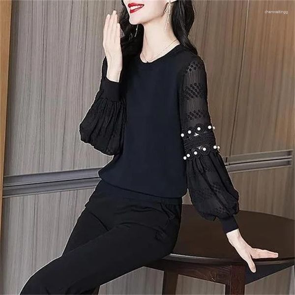 Blusas Femininas 2023 Primavera Outono Oco Frisado Estilo Estrangeiro Malha Chiffon Blusa Feminina Top Acrescentar Veludo Espessamento Inverno Bottom S