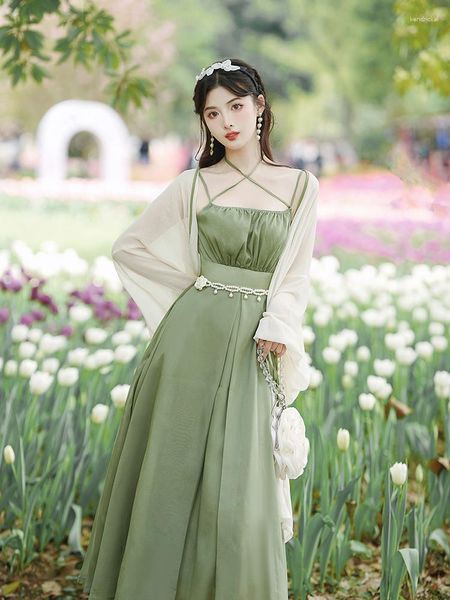 Повседневные платья 2023 Мода Женская одежда в китайском стиле ретро зеленый ремешок модифицированный платье ханфу