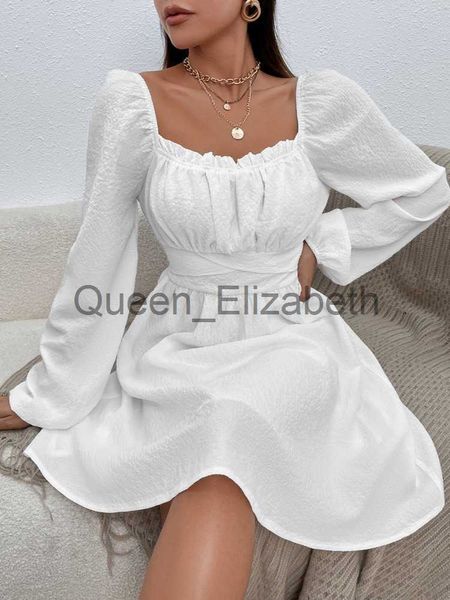 Повседневные платья Sruby White Dress Женщины квадратный квадратный шею с длинным рукавом