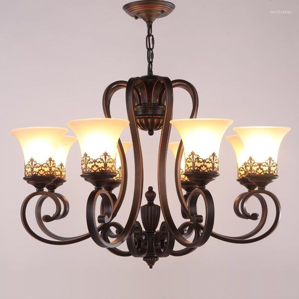 Kronleuchter Moderne amerikanische Beleuchtung Wohnzimmerlampe Dekor Vintage Schwarz Eisen Weiß Glas Lampenschirm Geschenk E27 LED-Birne 110-220V