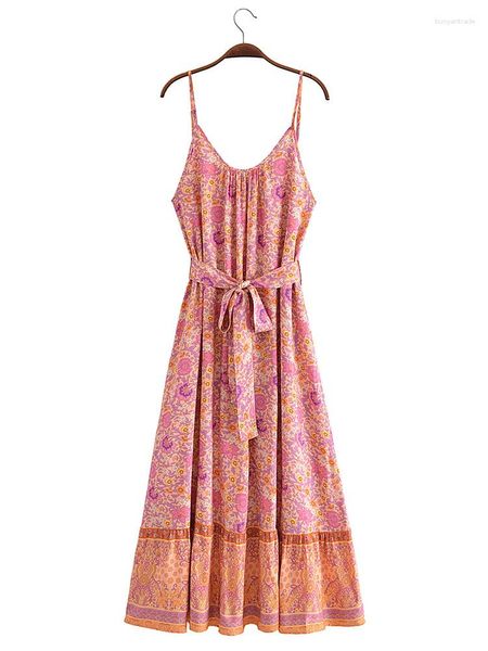 Lässige Kleider Sommerkleidung für Frauen 2023 Bohemian Vintage Patchwork Blumendruck Boho Langes Kleid V-Ausschnitt Ärmellos Slip mit Gürtel