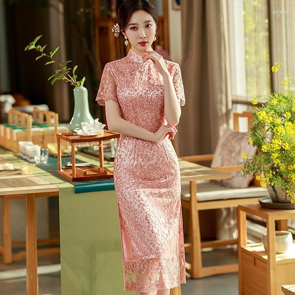 Roupa étnica Elegante Slim Renda Qipao Feminina Estilo Vintage Cheongsam Tradicional Manga Curta Menina Vestido Chinês Vestidos Sexy