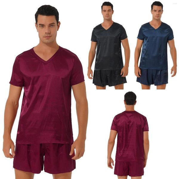 Vêtements de nuit pour hommes Ensemble de pyjama deux pièces en satin Sissy Loungewear T-shirt à manches courtes col en V avec short à taille élastique