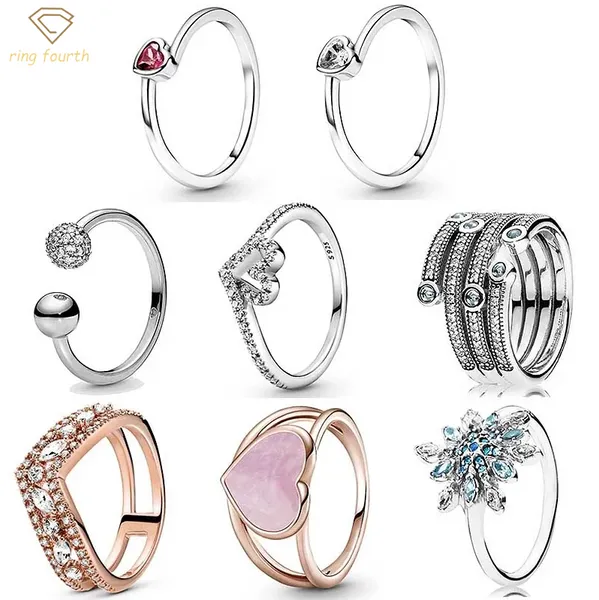 Anéis femininos de prata 925 fit Pandora original coração coroa moda anel solitário rosa redemoinho esmalte oceano gelado aberto