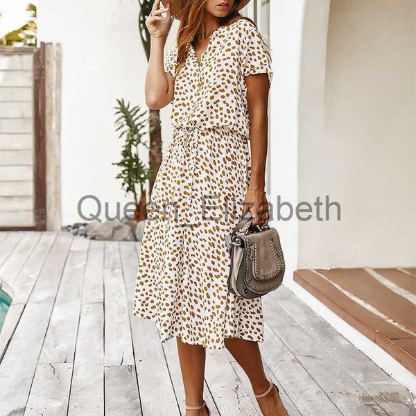 Vestidos casuais Dots Imprimir vestido branco Mulheres 2023 Verão Manga curta Túnica Vintage Midi Mulheres férias casuais boho vestidos de praia vestidos j230625