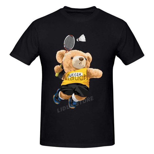 Camisetas masculinas Teddy Bear Jogando Badminton T shirt Harajuku Streetwear Tshirt de manga curta 100 Cotton Graphics Tshirt Marcas Tee Tops J230625