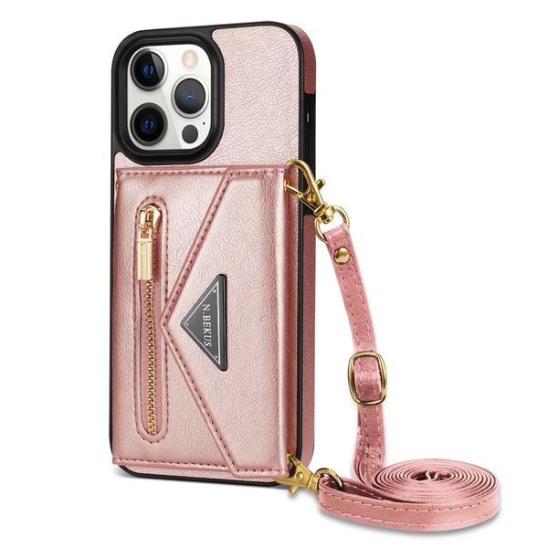 Carteira dobrável com cordão TPU Alça de ombro Capa de telefone de couro PU para iPhone 14 3 12 11 Pro XS Max XR X 7 8 Plus com alça