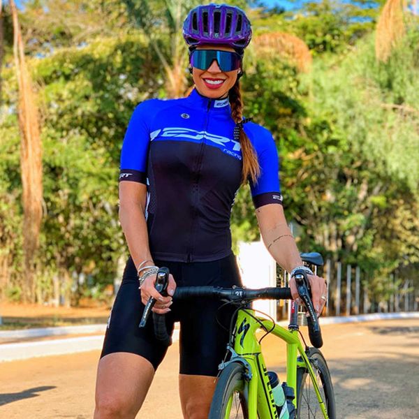 Bisiklet kıyafetleri ert yarış bisiklet kadınları mavi kısa kollu giysiler seti jel ped bib şort roupa Ciclismo Maillot Mujer Cycliste Giyim MTB Suithkd230625