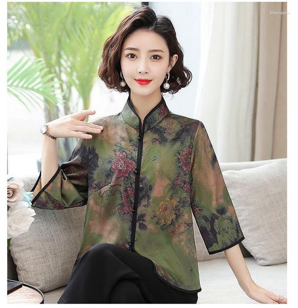 Abbigliamento etnico Camicia stile cinese Vintage Cheongsam Top Hanfu Donna Blusas Abito tradizionale cinese Tang Suit Stampa camicette Femme DD276
