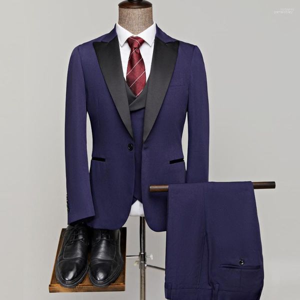 Ternos masculinos finos smokings de casamento para homens (jaqueta calça colete) masculino 3 peças para homens preto gola pontuda lapela rosa