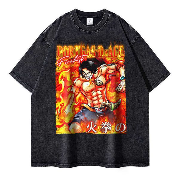 Camisetas masculinas de grife masculino Macaco D Luffy Tirmúrio de rua vintage Lavagem Anime One Piece Tshirts Summer Harajuku Manga curta Tops grandes de dimensões Haikyuu Tees Men 8601