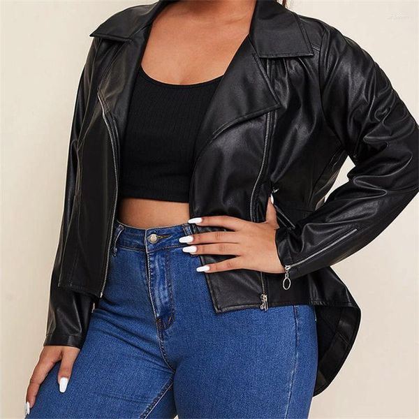 Casacos Femininos Plus Size Casacos PU Faux Couro Feminino Faixas Soltas Casuais Jaquetas Biker Outwear Feminino Tops Estilo BF Preto