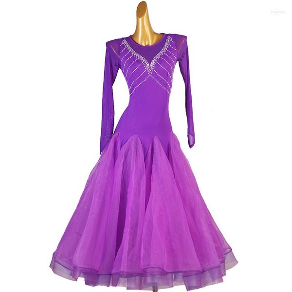 Stage Wear Big Swing Purple Ballroom Dance Competition Dress con strass Waltz Social Rumba Costumes Ball Gown