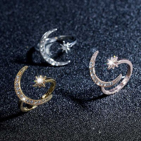Полоса кольца модное кольцо с серебряным цветом звезда луны для женщин свадебная вечеринка Shine Crystal Metal Flower Открытие Anillo x0625