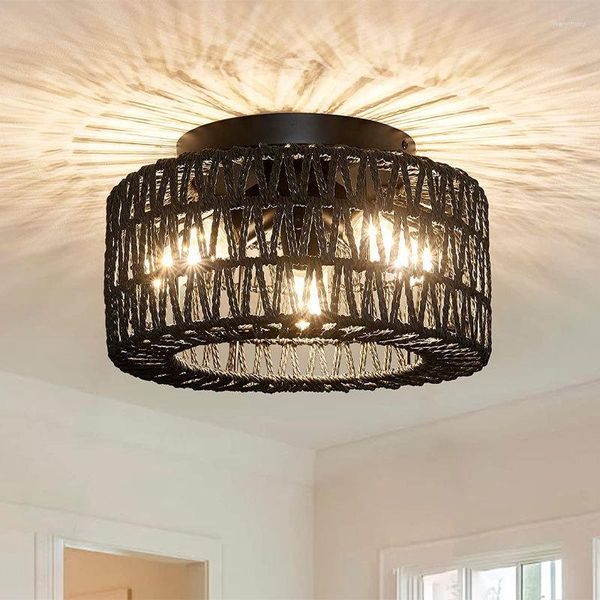 Plafoniere Boho Rattan Light Lampada con paralume in gabbia intrecciata a mano Lampadario rustico Corridoio Camera da letto Cucina Agriturismo Foyer Ingresso