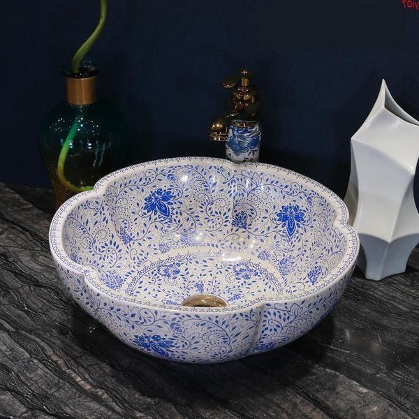 Lavandino per vaso in porcellana blu e bianca Lavabo in ceramica fatto a mano Lavobo Lavandino da appoggio rotondo in ceramica per bagnobuona quantità Aflro