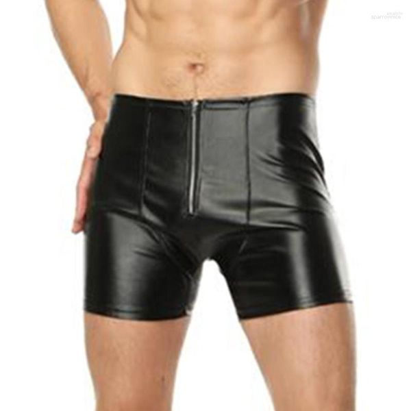 Mutande Mens Latex PVC Faux Leather Boxer attillati Zipper Cavallo aperto Underpant Exposed BuErotic Underwear Crotchless For Man Gay