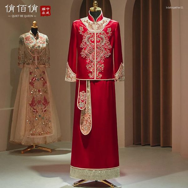 Ethnische Kleidung im chinesischen Stil Bräutigam Hochzeitskleid Vintage Männer rote Pailletten Perlen Qipao Hochzeitsanzug Tang