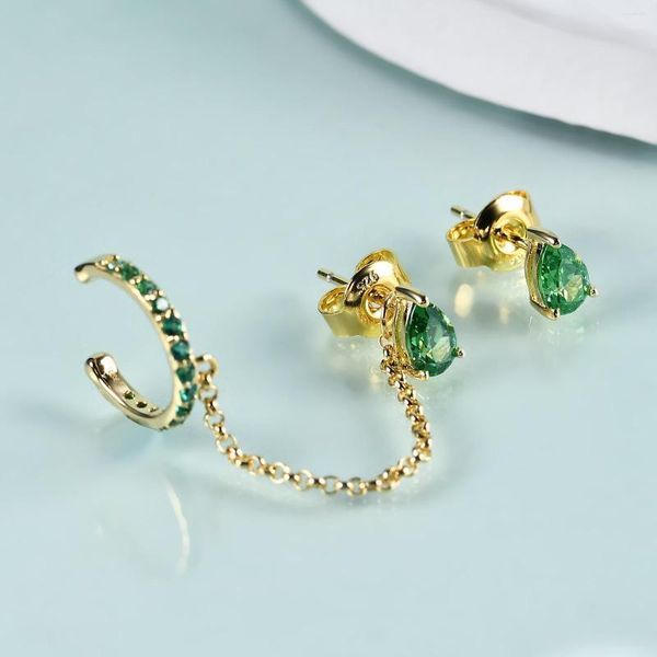 Stud Küpe Gem'in Güzelliği 14K Altın Dolgulu Sterlling Gümüş Kulak Kuff Koyu Emerald CZ Uzun Zincir Kadınlar İçin Düğün Takı