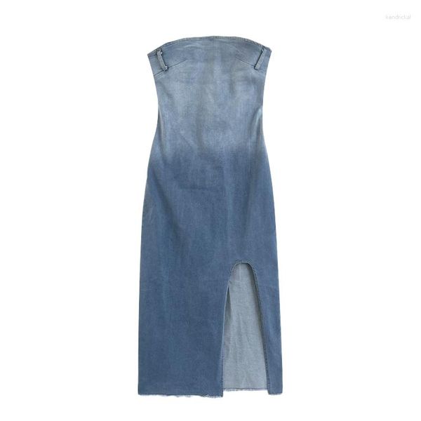 Vestidos casuais Vestido jeans vintage lavado gradiente azul com design dividido