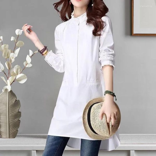 Frauen Blusen Stehkragen Shirts Kleid frauen Baumwolle Frühling Langarm Bluse 2023 Weiblichen Koreanischen Rand Mid-länge Pullover