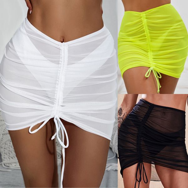 Kadın Mayo Kadın Mesh Mayo Örtüsü Sheer Etek Drawstring Plajı Sarma Bikini Drawstring 230625