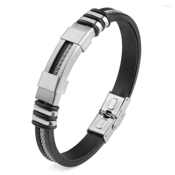 Braccialetti con ciondoli Bracciale in gel di silice in acciaio inossidabile per cinturino da polso da uomo Timone scanalato nero Inserto in maglia con cinturino punk Braccialetto casual