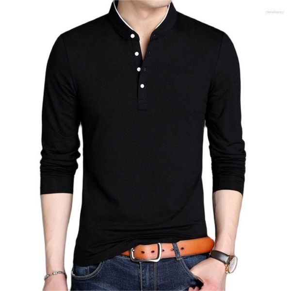 Camisetas masculinas primavera 2023 masculina manga longa meia botões gola alta pulôveres de algodão sólidos casuais tops confortáveis coreia maré fina