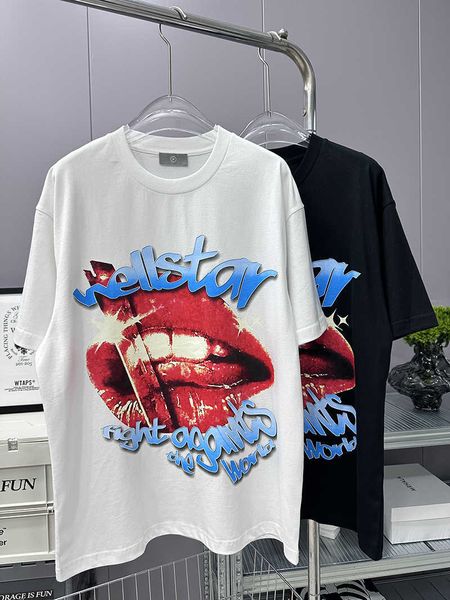 T-shirt da uomo e da donna americana alla moda con stampa labbra Hellstar da uomo a maniche corte in puro cotone a maniche corte