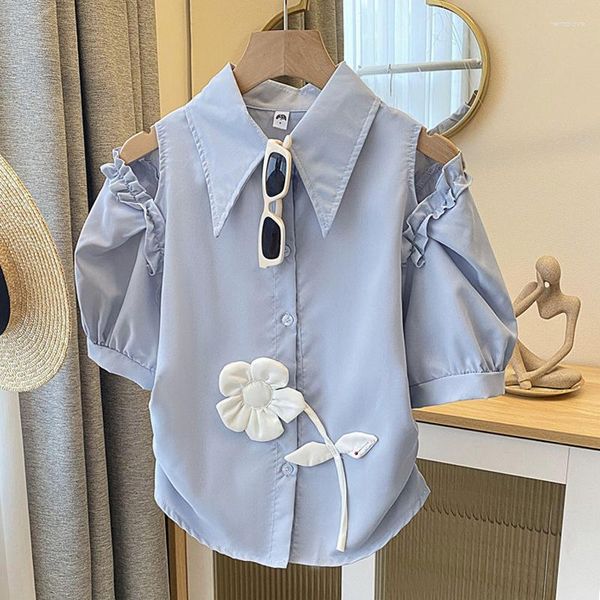 Camicette da donna eleganti camicie a spalla per donne Summer 3d blu blu camicetta di cotone donna top maniche corte coreano dolce sciolto