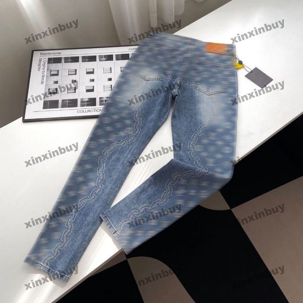 xinxinbuy calça masculina feminina designer paris corrente de ferro jacquard impressão de letras jeans lavado com zíper calça casual azul M-2XL