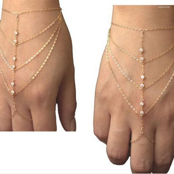Pulseiras de elos Moda Pulseira de dedo de cristal multicamada para mulheres Pulseiras de strass cor de ouro Arreios de mão Jóias