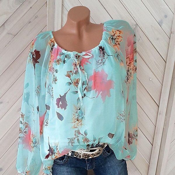 Damenblusen 5XL Plus Size Tops Frauen Süße Coole Blumen Druckhemd Krawattenkragen Langarmbluse Grün Weiß Chiffon Blusas