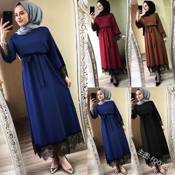 Abbigliamento etnico Donna Plus Size Musulmano Islam Maxi Abiti lunghi Solid Malaysia Dubai Hem Cuff Patchwork in pizzo Vintage Sashes Abito abito S-5XL