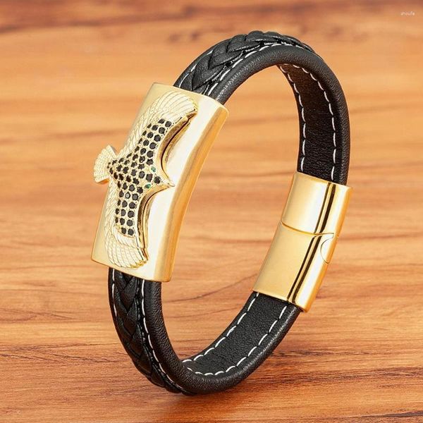 Charm Pulseiras Luz Estilo Luxo Águia Aço Inoxidável Pulseira de Couro Masculina Tendência Zircão Cúbico Preto/Aço Cor 19/21/23cm Jóias