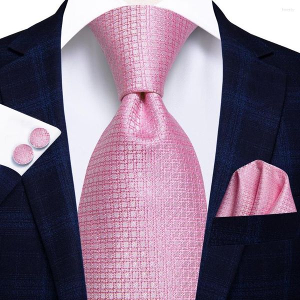 Laço Rosa Sólido Xadrez 2023 Lenço Masculino Elegante Abotoaduras de Seda Gravatas Para Homens Festa de Casamento Negócios Moda Marca Hi-Tie