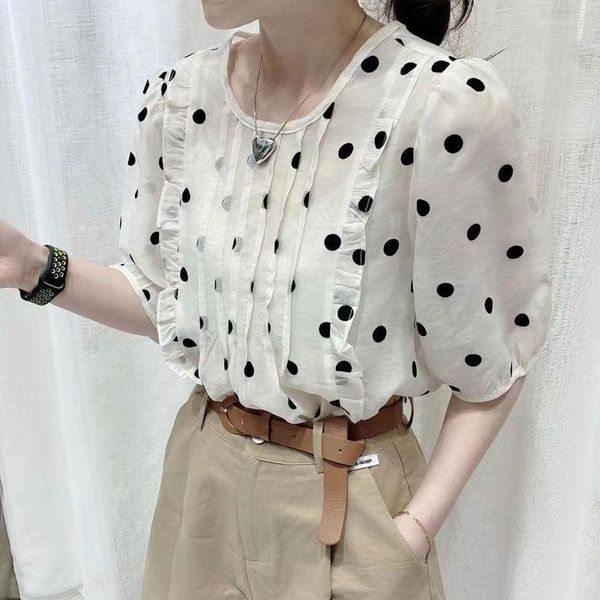 Damenblusen Polka-Dot-Chiffon-Hemd Kurzarm-Damenbluse 2023 Sommer-Temperament Trendy Rüschen-Micro-Bubble-Ärmel Femme-Tops